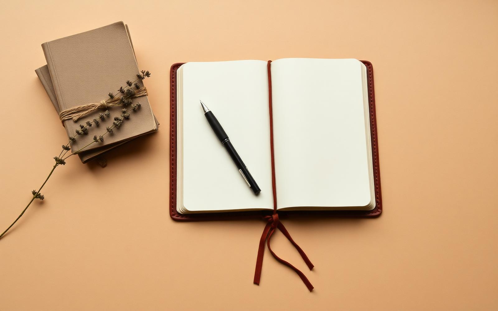 Open journal and pen on a warm paper surface
